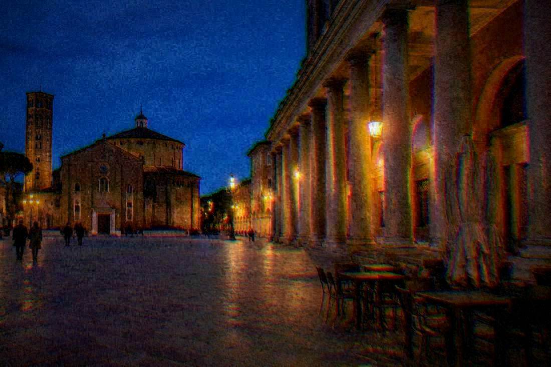 Piazza del Popolo at dusk in Ravenna, Italy