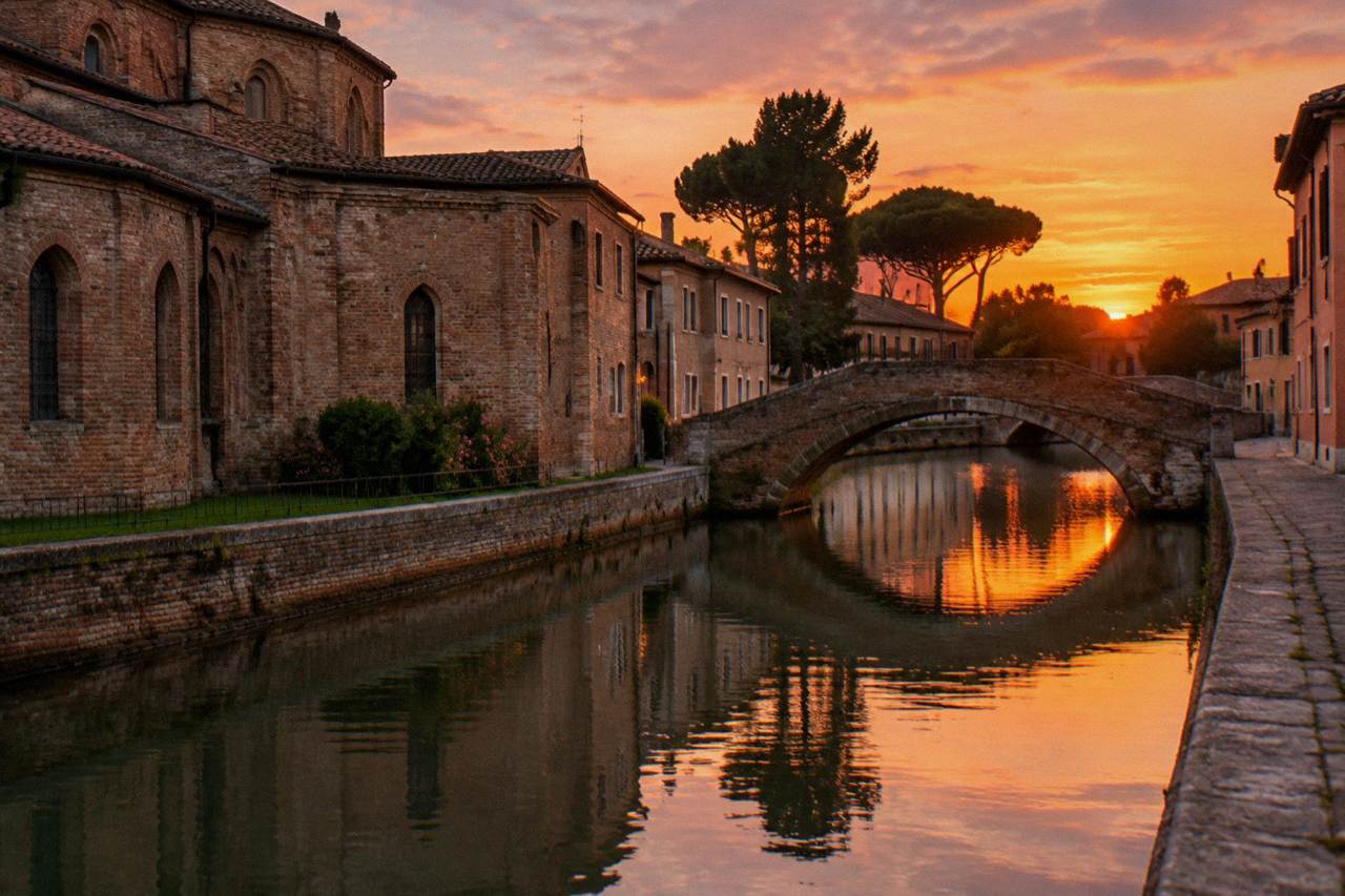 A canal in Ravenna with stone bridges and quiet water reflecting old brick buildings