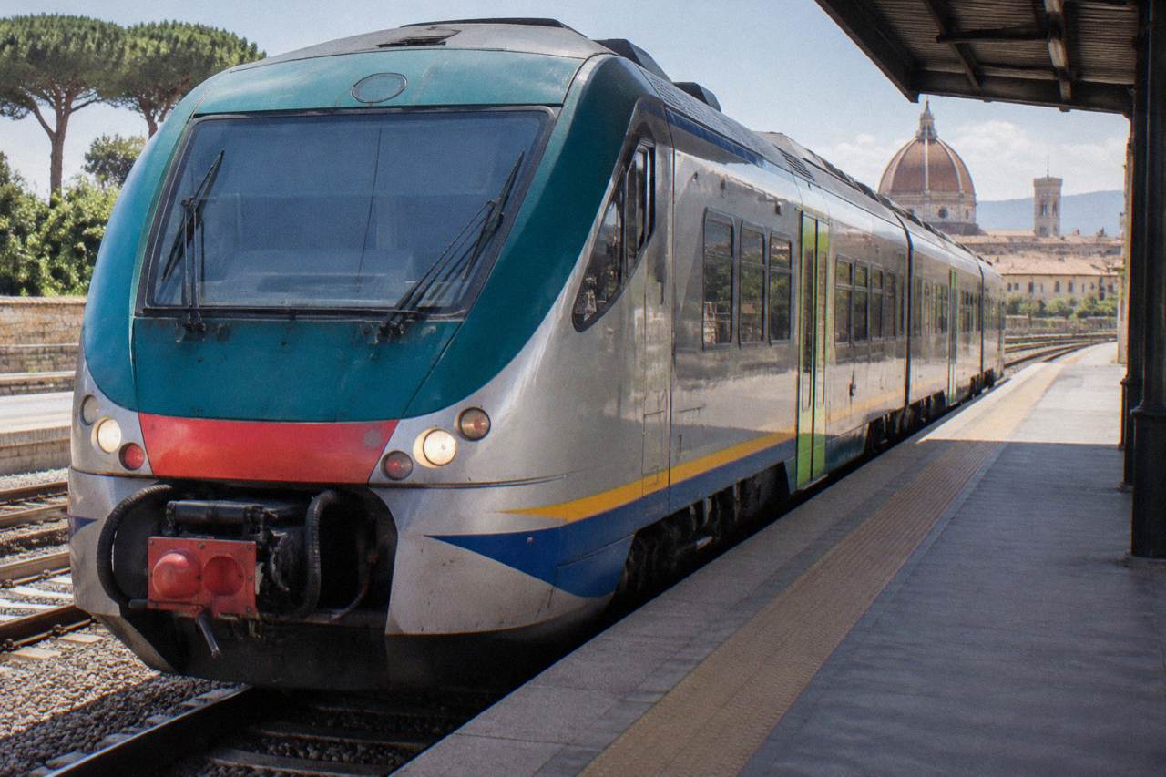 A regional train waiting at an Italian railway station platform beside a station building