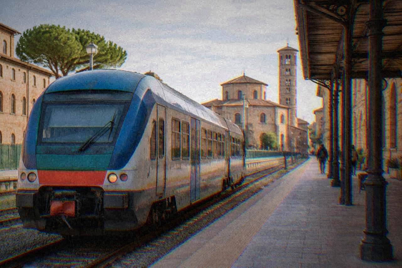 A regional train waiting at an Italian railway station platform beside the tracks