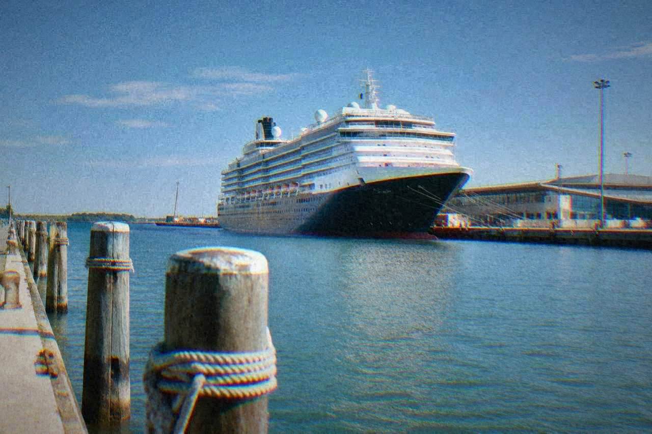 Cruise ship docked at a port terminal beside a calm harbour at midday