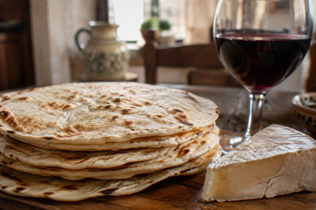 A rustic wooden table with a stack of flat piadina breads, a wedge of soft cheese and a glass of red wine