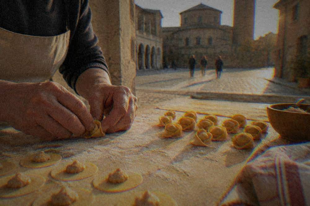 Hands folding small discs of egg pasta into hat-shaped cappelletti on a floured wooden board