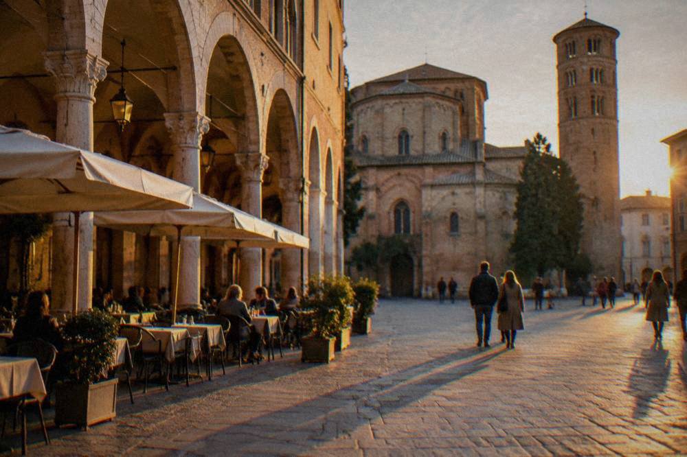 Sunlit piazza in Ravenna with cafe tables under arcades and people walking