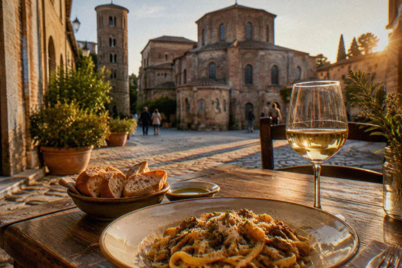 A rustic Italian dining table with fresh pasta, bread and a glass of white wine