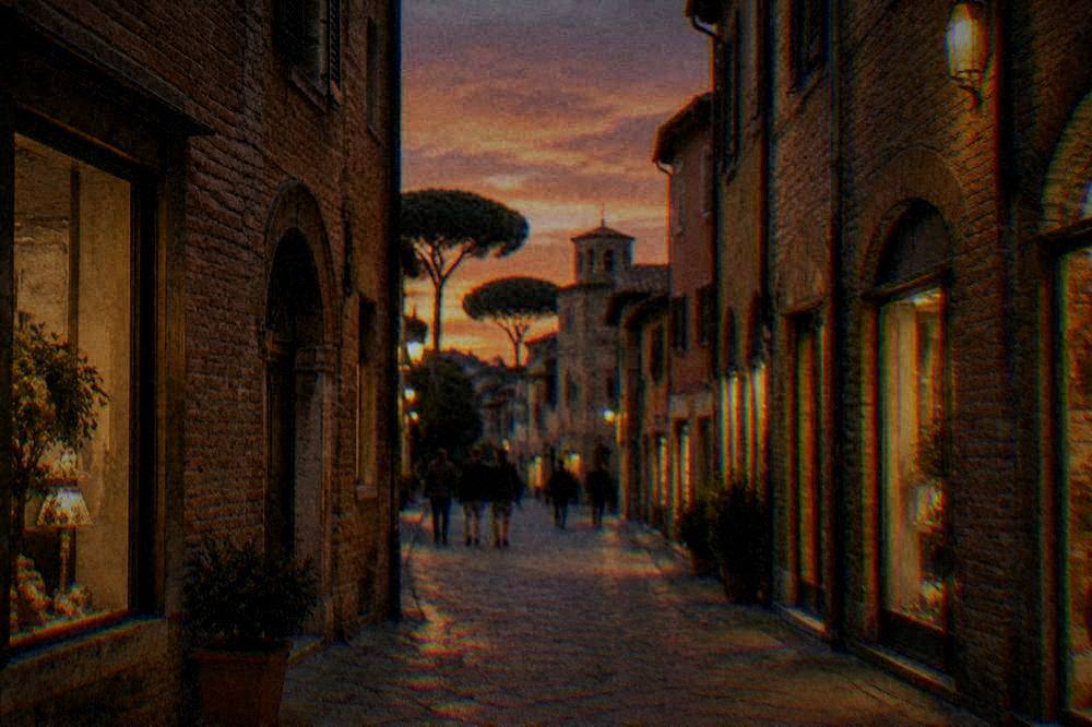 A narrow evening street in Ravenna with lit shopfronts and aged brick facades