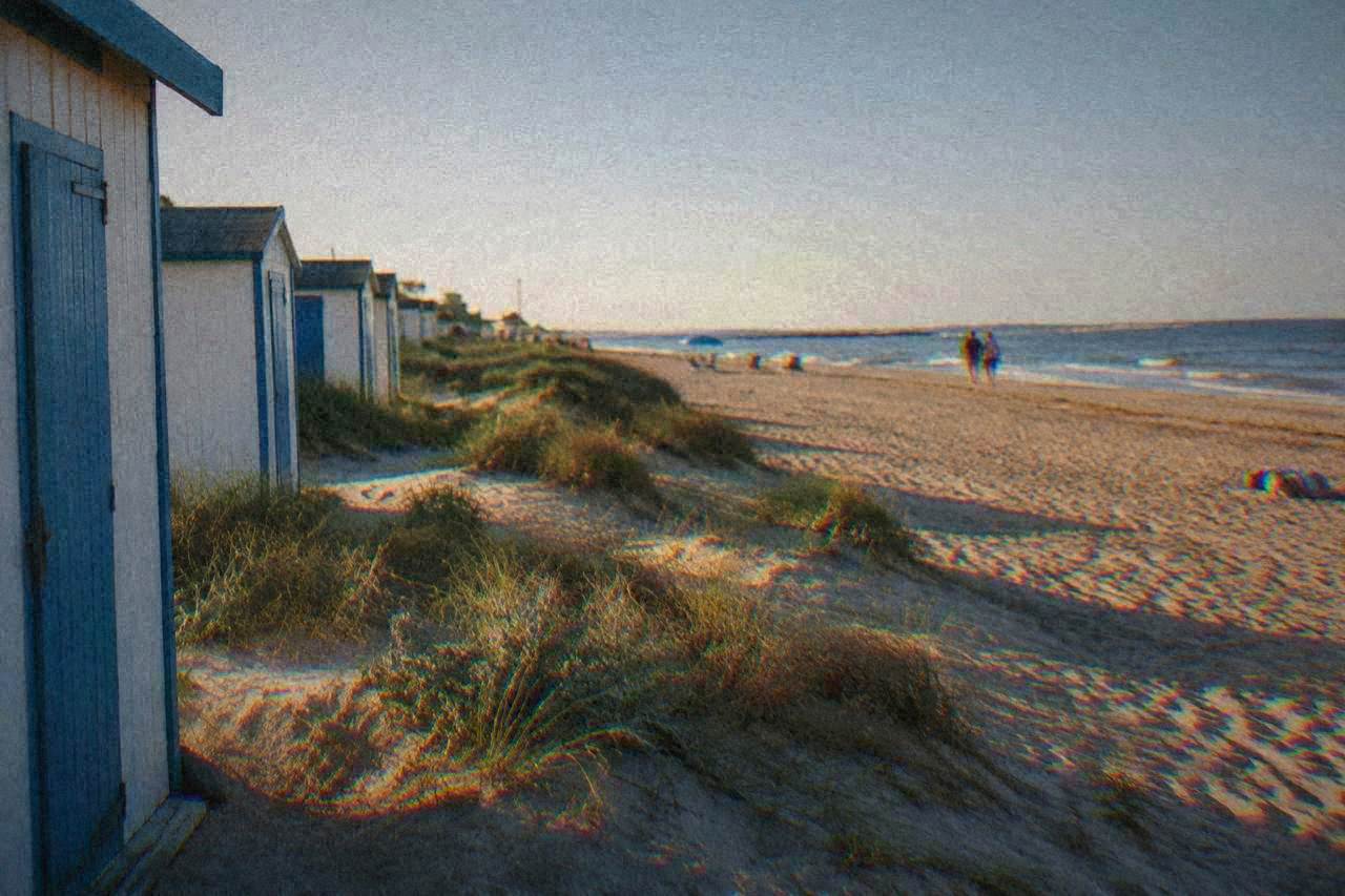 A quiet sandy beach with low dunes and beach huts along the Adriatic shore