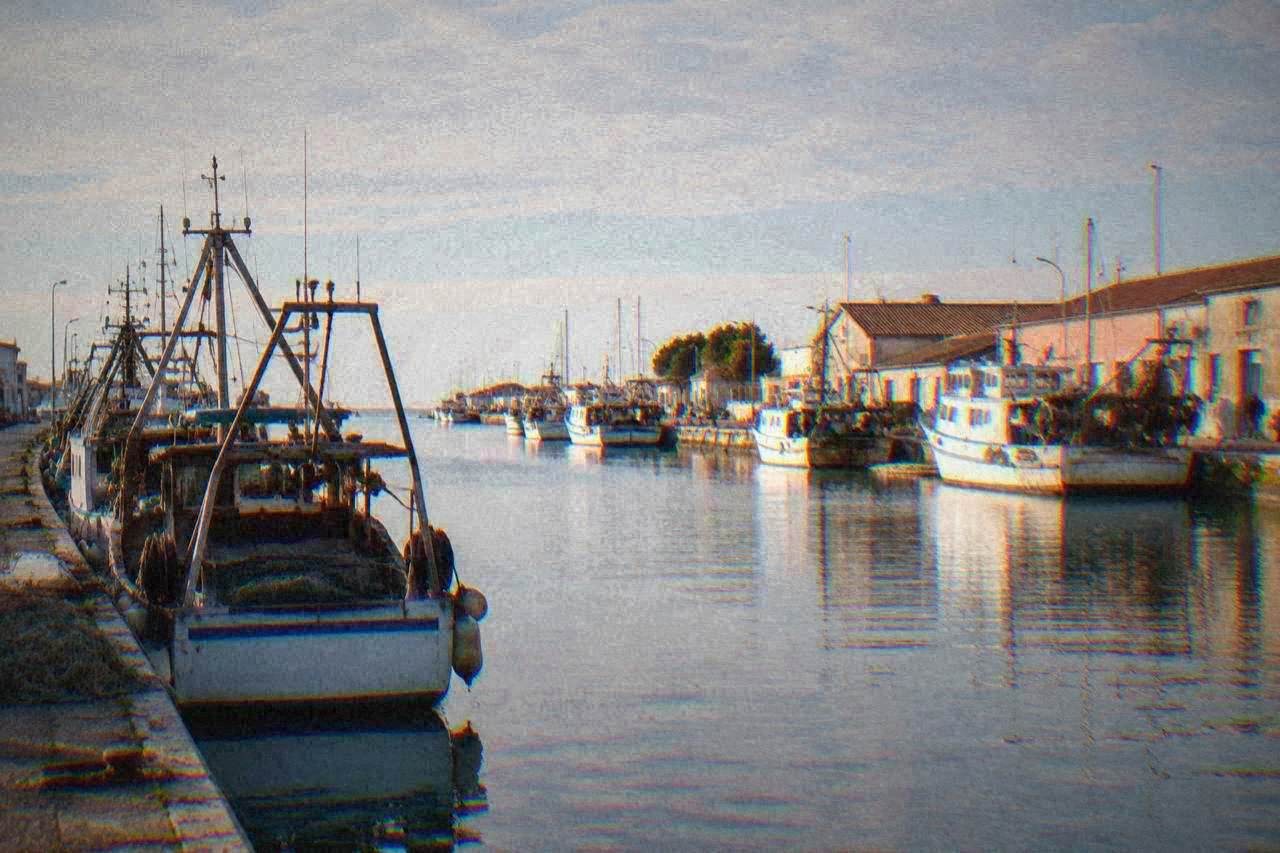 Moored fishing boats along a canal harbour with low warehouses and masts against a morning sky