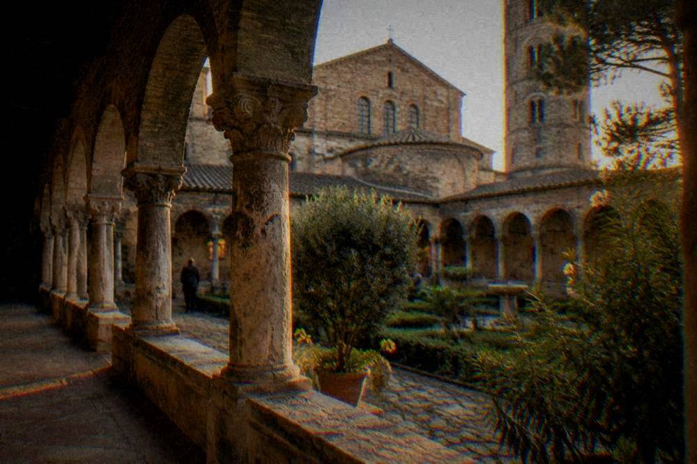 Cloister arches beside the Basilica of San Francesco with plants and worn stone