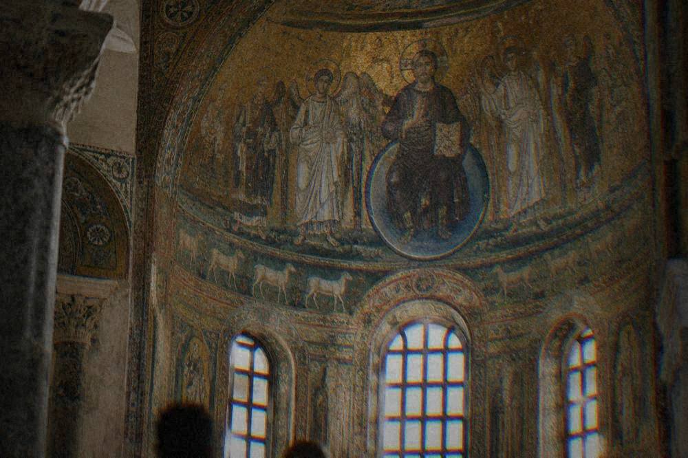 Close view of the golden mosaic figures in the apse of San Vitale