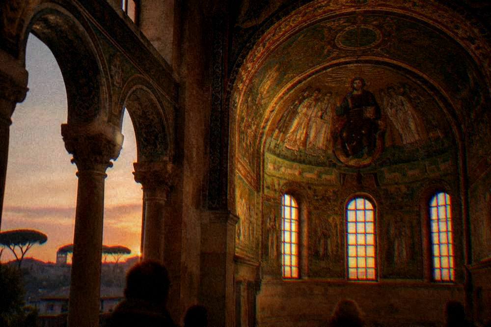 Evening light on the mosaics of the San Vitale apse at the end of the visiting day