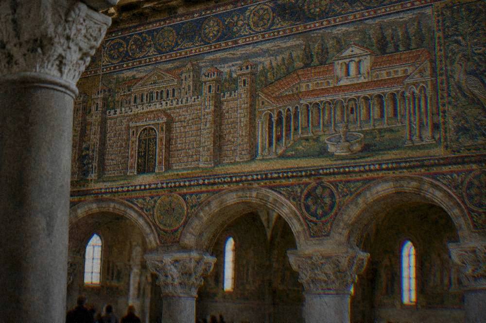 Interior wall detail showing a walled palace and porticoed courtyard in mosaic above columns