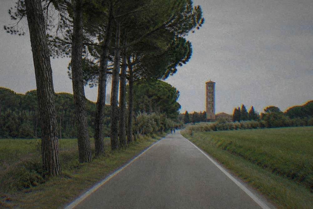 A straight flat road through green fields and pine woods leading toward a brick campanile