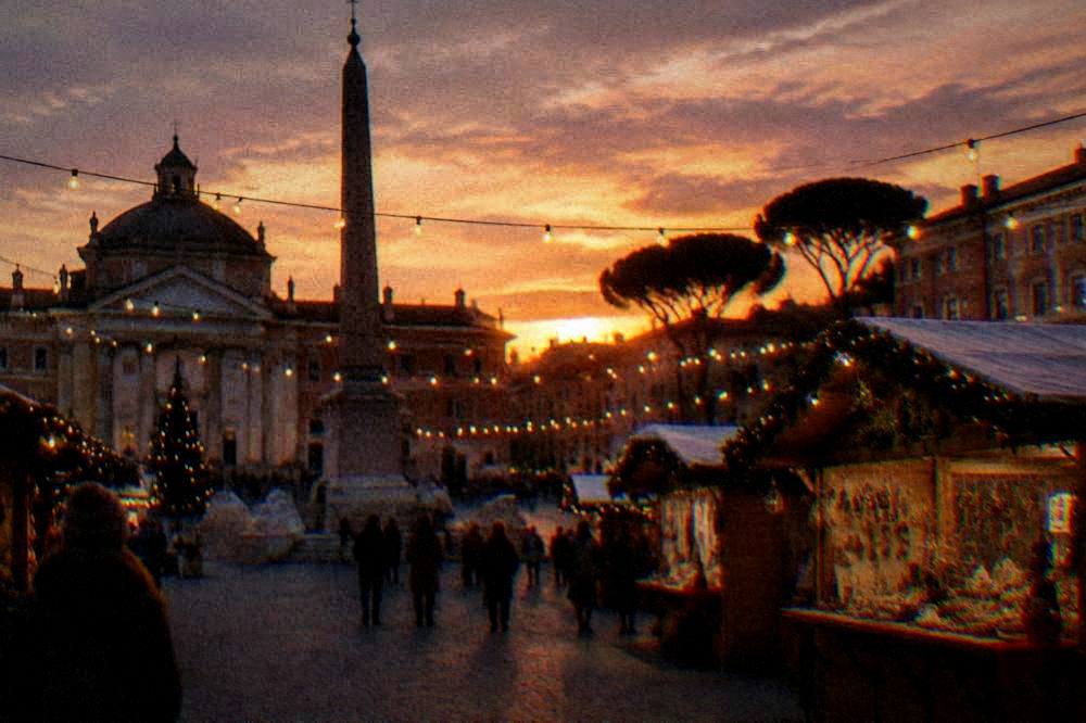 Festive lights strung across an Italian square at dusk with wooden market stalls