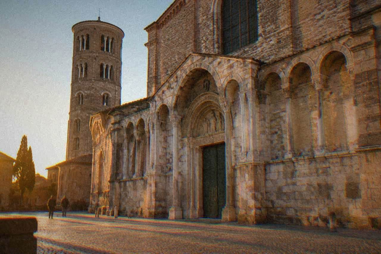 The baroque facade of Ravenna Cathedral seen from the square in front of it
