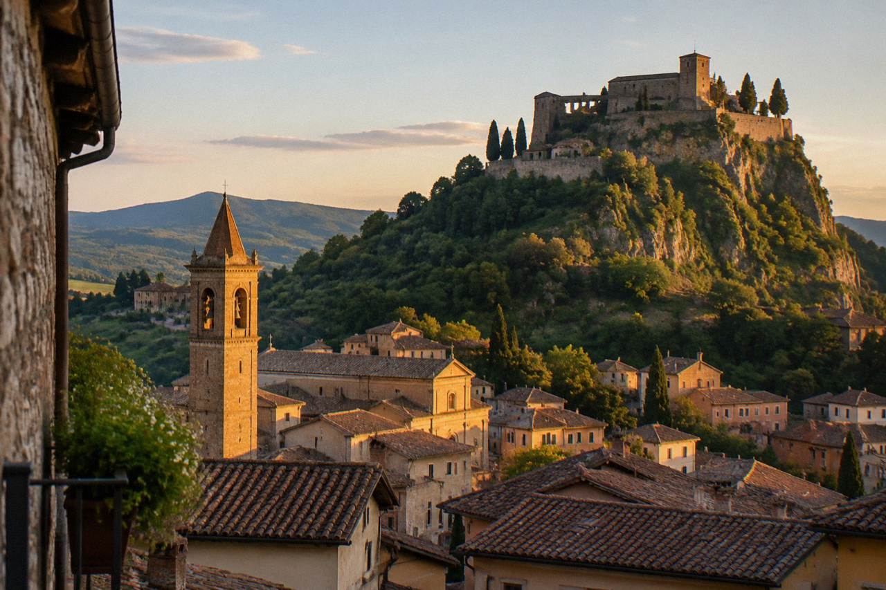A hill town with a fortress and a clock tower perched on pale cliff crags above tiled rooftops