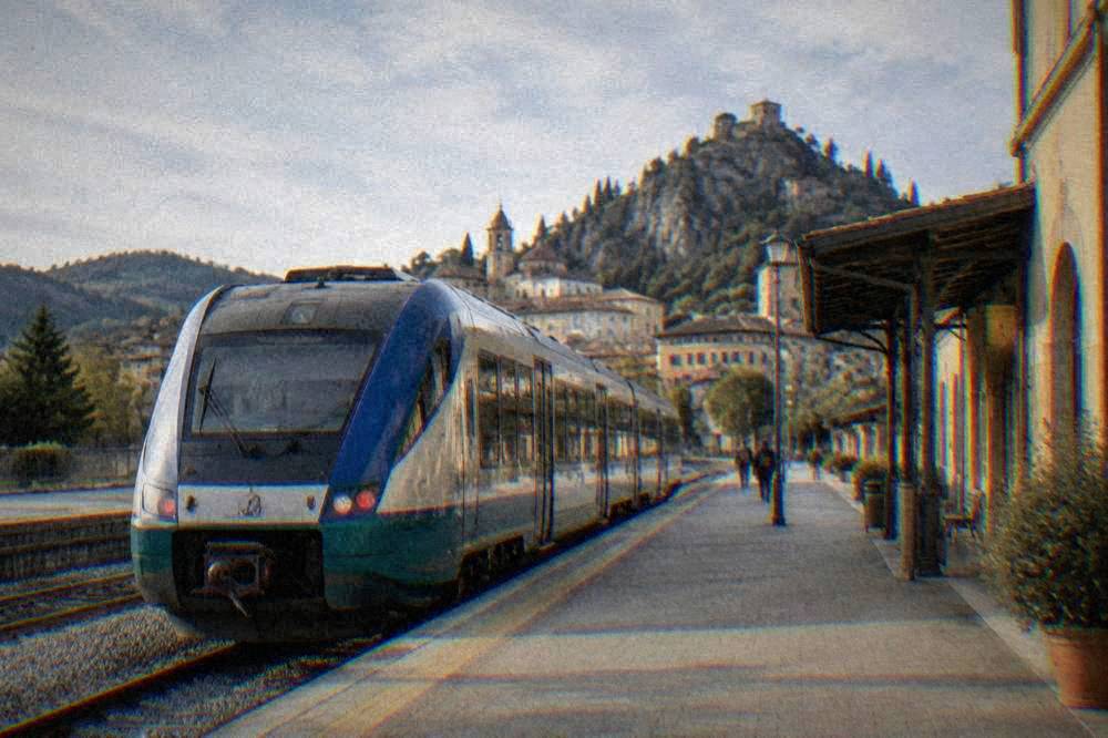 A regional train at a small Italian valley station with hills in the background