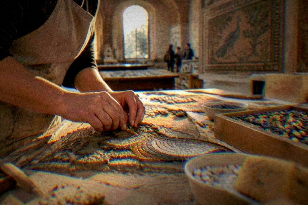 Hands pressing small glass tiles into a wet mortar base at a mosaic workshop bench