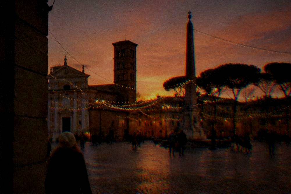 Festive lights above Piazza del Popolo in Ravenna on a winter evening
