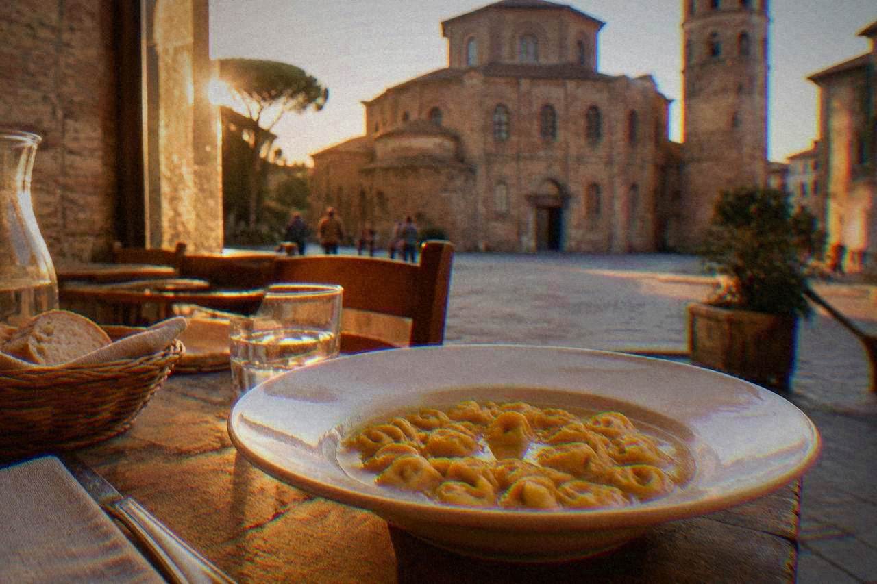 A plate of cappelletti pasta in broth on a rustic restaurant table