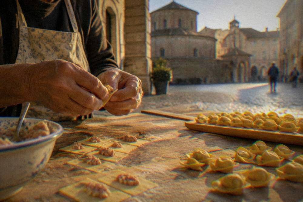 Hands folding small squares of pasta dough into cappelletti shapes