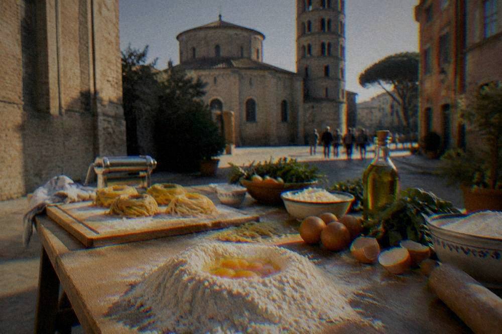 A cooking class table with flour, eggs and pasta ingredients ready for a lesson