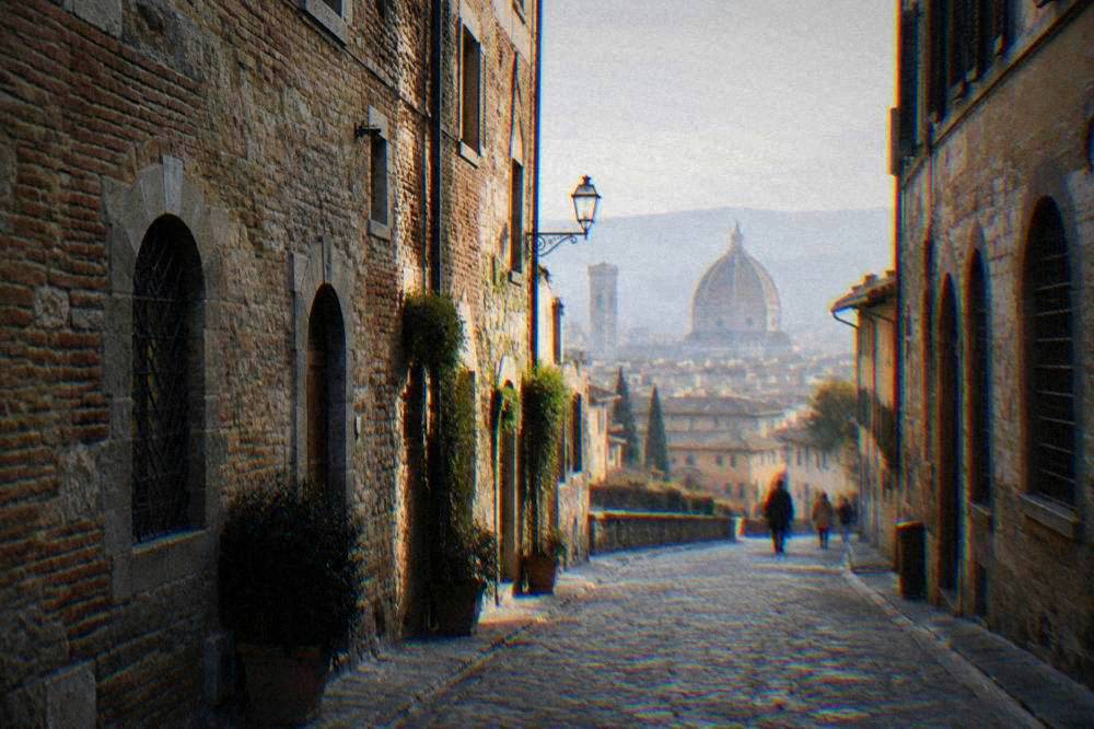 A quiet brick street in the compact historic centre of Ravenna