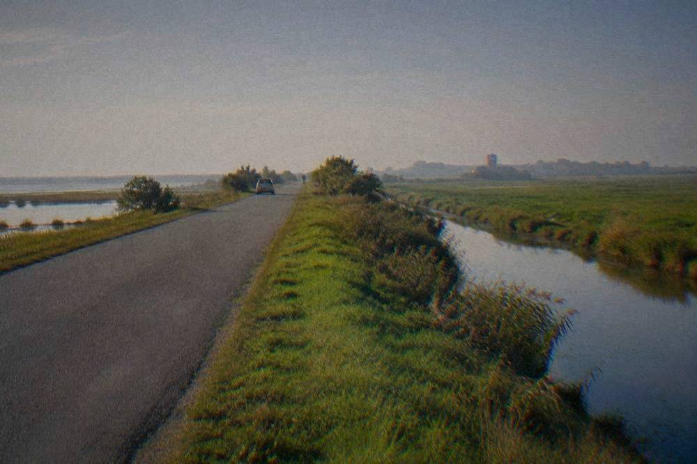 A country road crossing flat green wetlands with a parked car in the distance