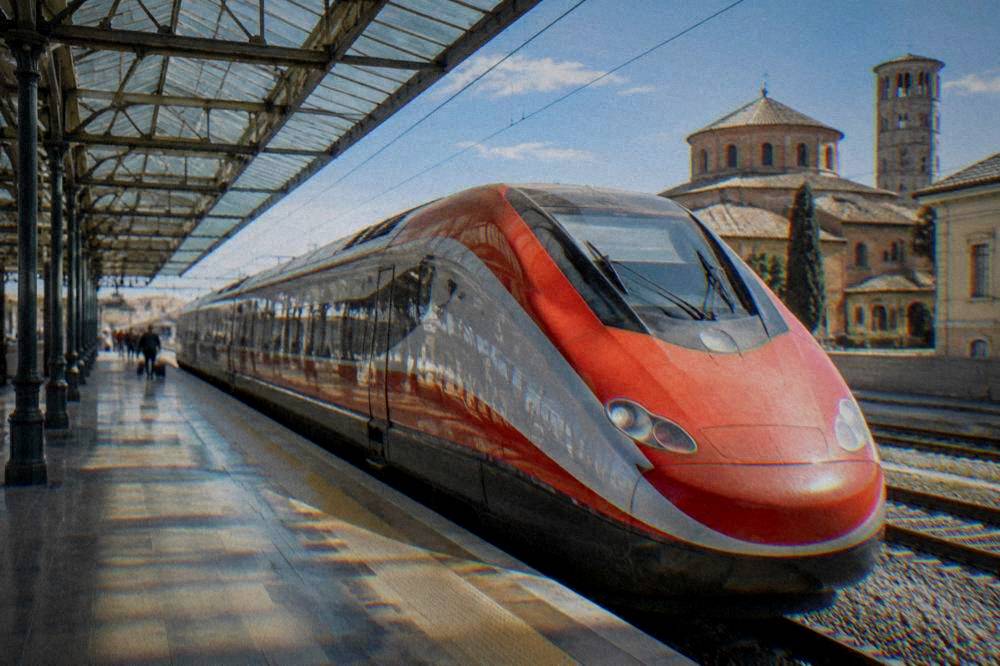 A high-speed train waiting at a platform under a glass station roof in Italy