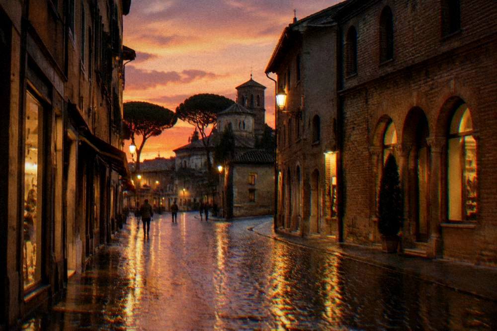 Rain-wet cobblestones reflecting shop lights on an evening street in Ravenna