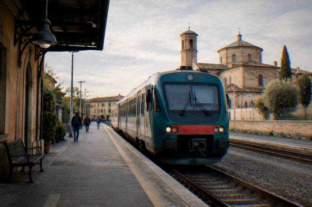 A regional train waiting at a small Italian station platform in morning light