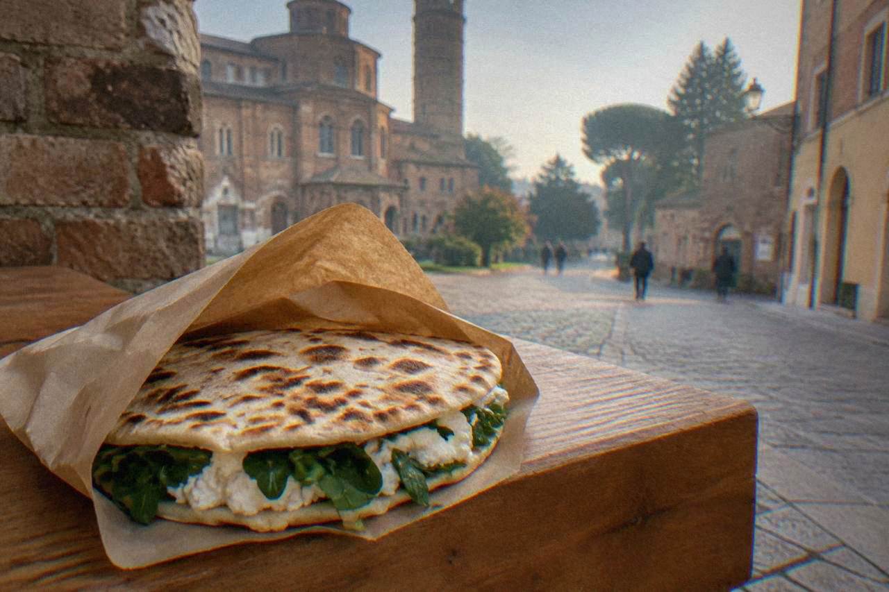 A freshly cooked round flatbread wrapped in paper on a wooden counter in an Italian town