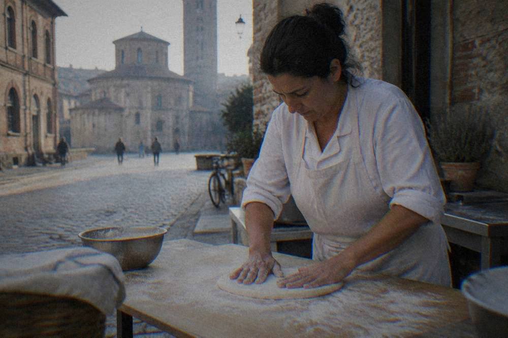 A cook pressing a disc of pale dough flat on a floured wooden board