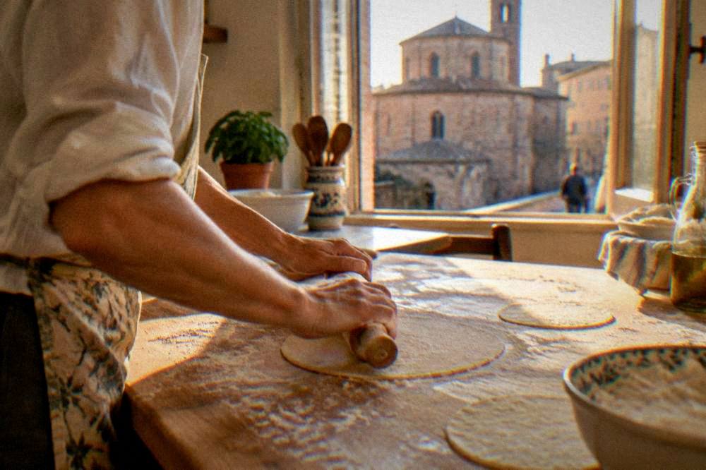 People eating folded flatbread wraps on a bench beside a stone church facade
