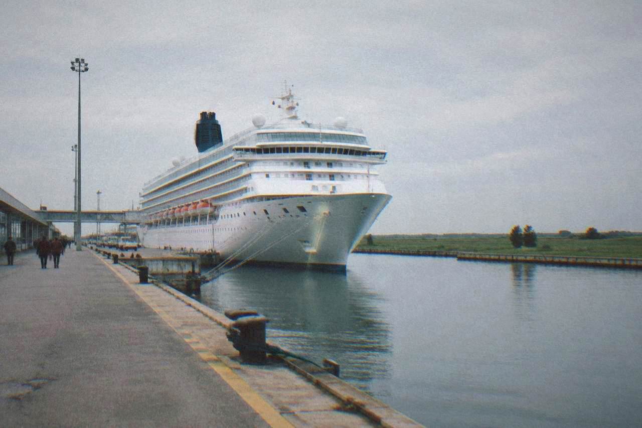 A cruise ship docked at a industrial port terminal beside a canal in flat countryside