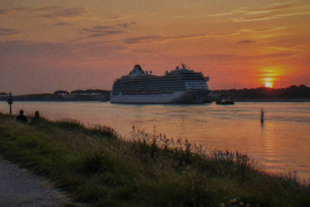 Large cruise ship at anchor in a port channel seen from a grassy embankment at dusk