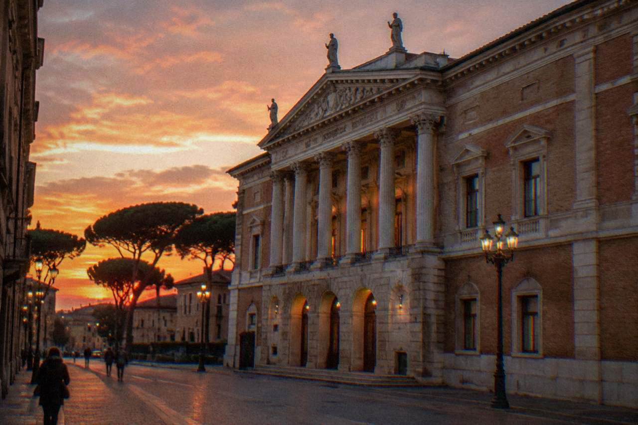 The neoclassical facade of Teatro Alighieri in Ravenna seen from the street at dusk