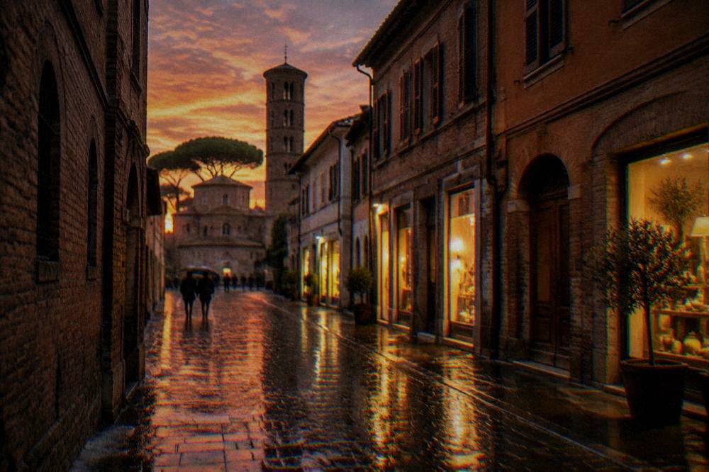 A rain-wet cobbled street in Ravenna historic centre lit by shop windows in the early evening
