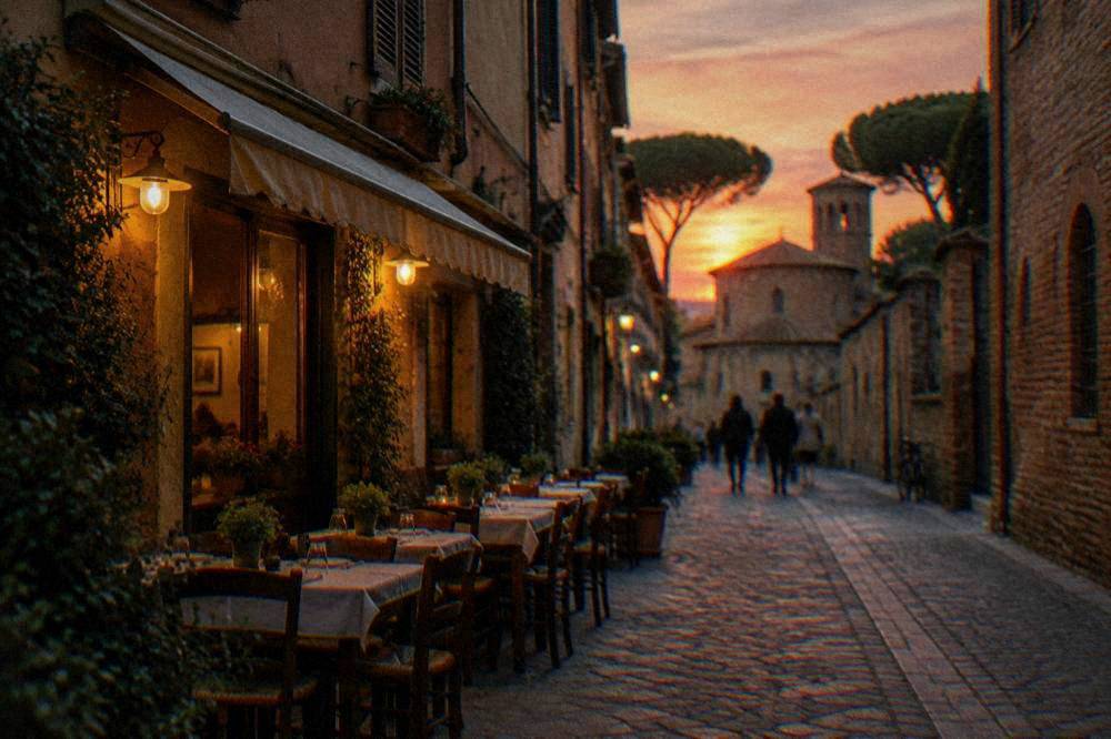 A narrow Ravenna street with tables set outside a small trattoria in the evening