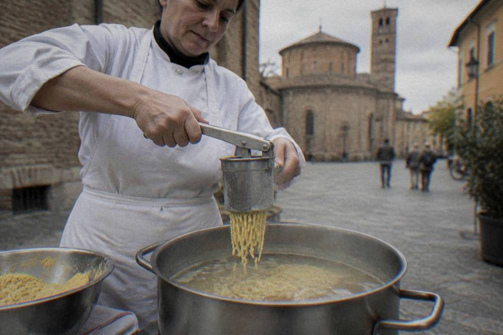 A cook pressing passatelli dough through a hand tool into a pot of broth