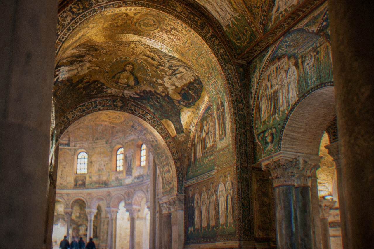 Golden Byzantine mosaics covering the vault of a Ravenna monument
