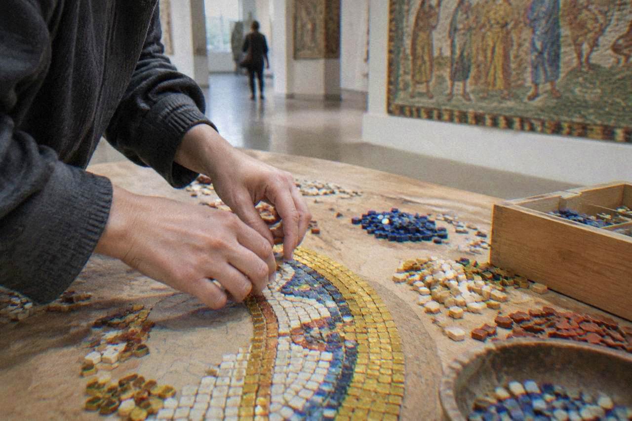 Hands arranging small glass mosaic tiles into a pattern on a workbench