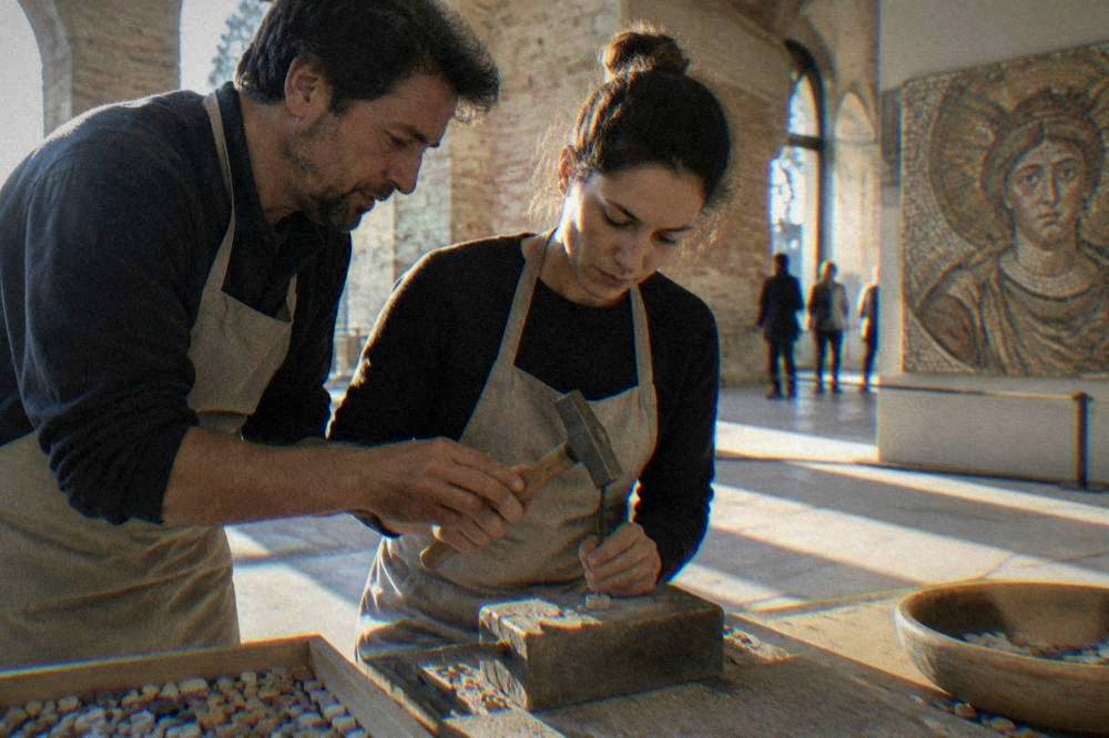 An instructor showing a participant how to hold a mosaic hammer over a cutting block