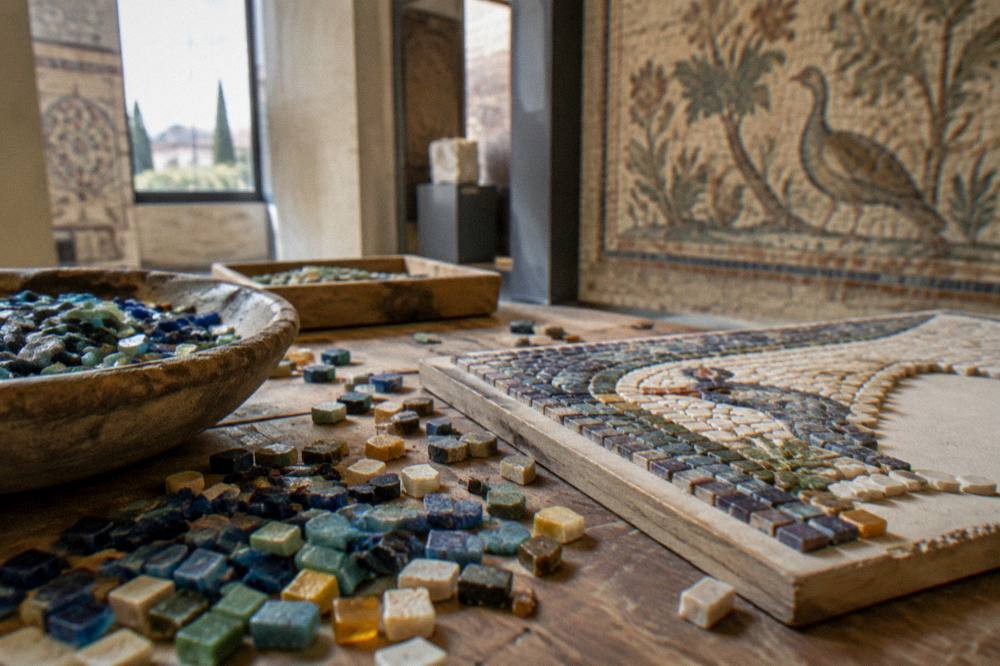 A child pressing coloured glass tiles into a small mosaic frame at a studio table