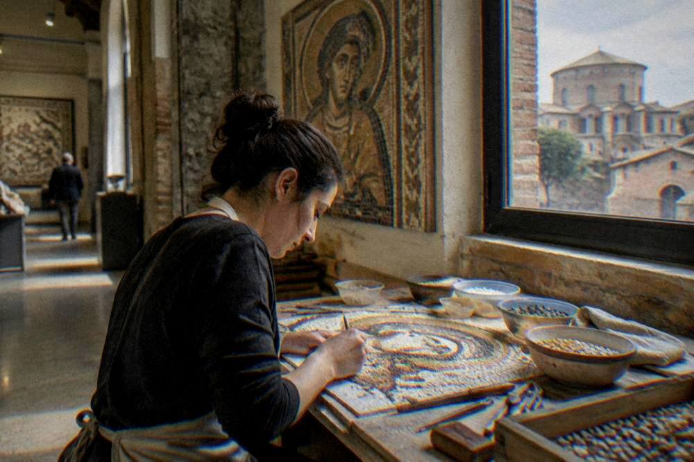 A mosaic artist working at a bench beside a window in a Ravenna studio