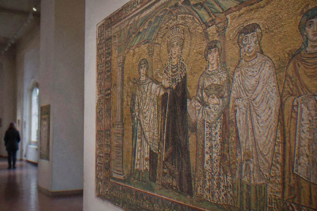 Mosaic decoration on the interior wall of a museum gallery in Ravenna