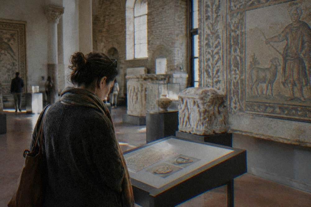 Visitor reading an information panel in an archaeology museum