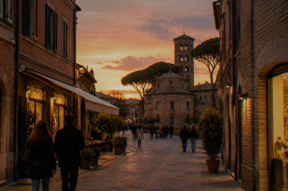 An evening street in Ravenna with warm shop lighting and people walking