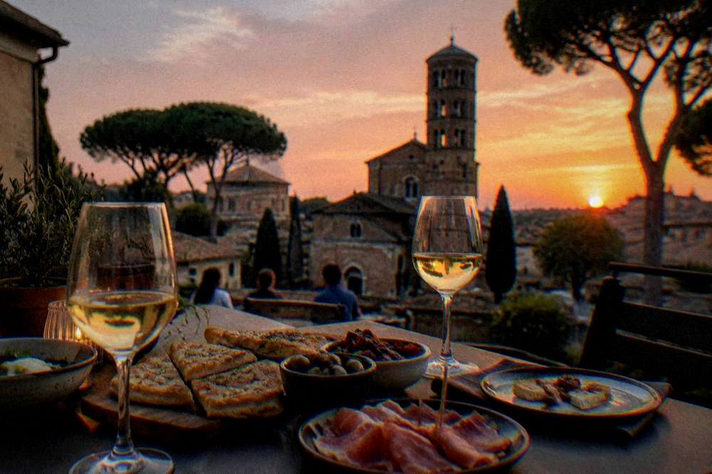 A table with wine glasses, flatbread and small plates at an evening aperitivo