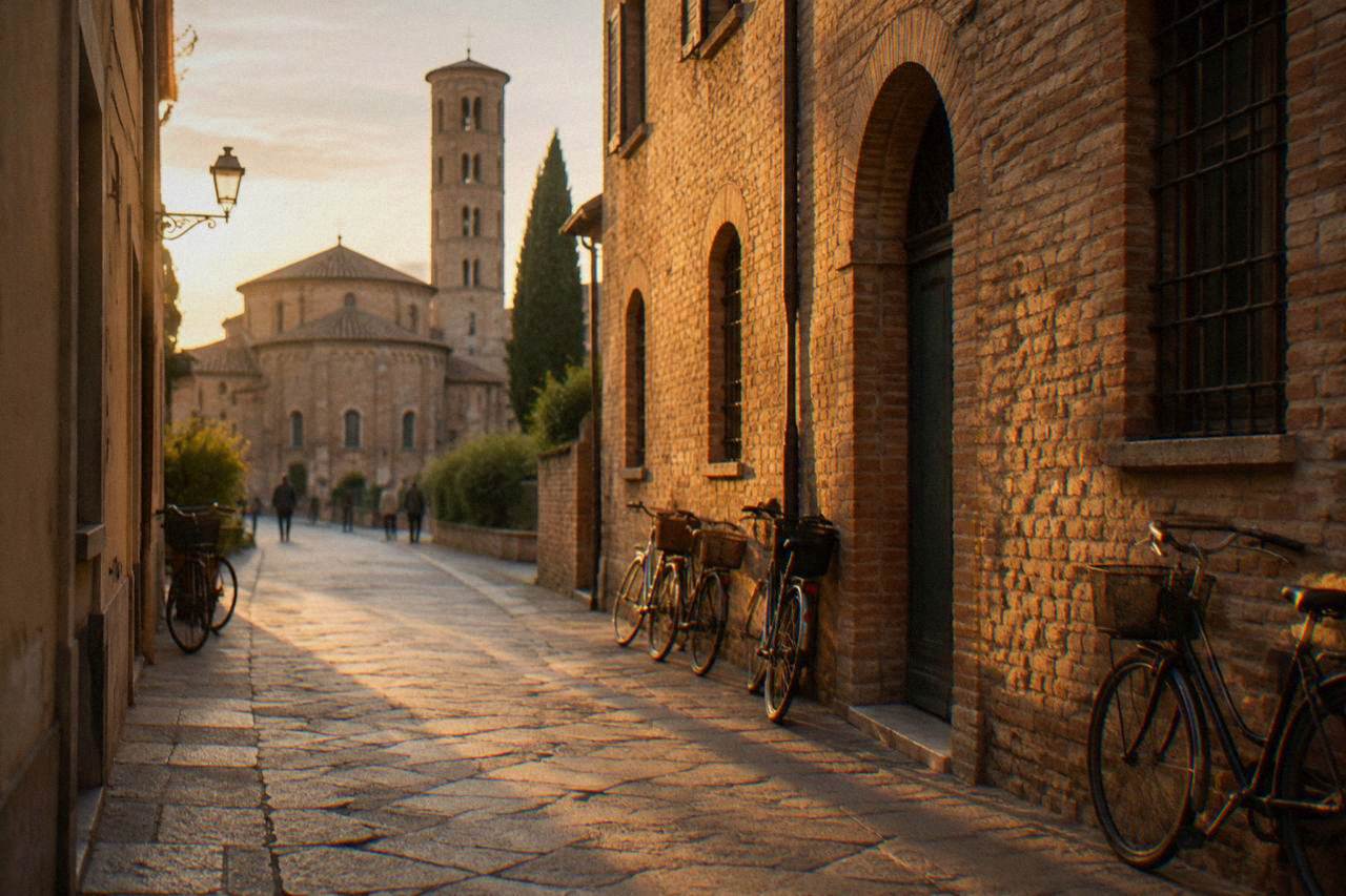 A quiet street in Ravenna historic centre with parked bicycles and old brick buildings